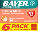 Bayer Aspirină doză mică 81 mg comprimate masticabile, durere Reliever, Orange Flavored, 216 comprimate (6 ambalaj)