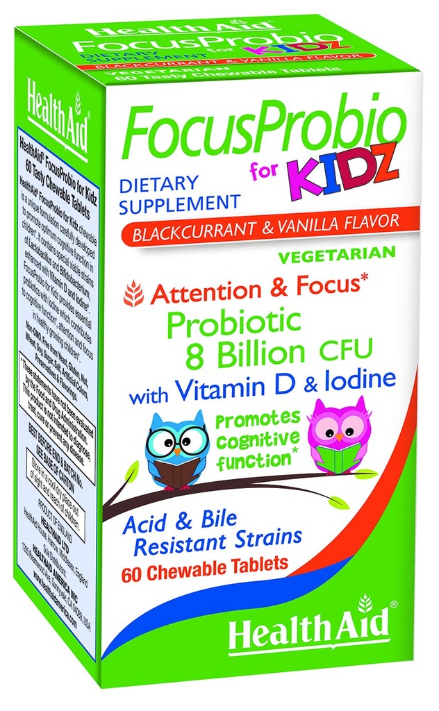 FocusProbio pentru Kidz, 60 comprimate masticabile, suportă funcția cognitivă pentru atenție și concentrare. Coacăze negre şi aroma de vanilie, conţine vitamina D & iod. Tulpini rezistente la acid și bile. Vegetariană