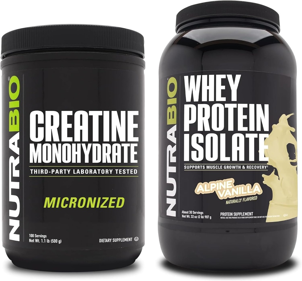 NutraBio Creatina Monohidrat, Nearomate, 500g și Whey Proteine Izolat, Vanilie alpină, Supliment Bundle - Energie musculară, Lean musculare creștere, recuperare și putere