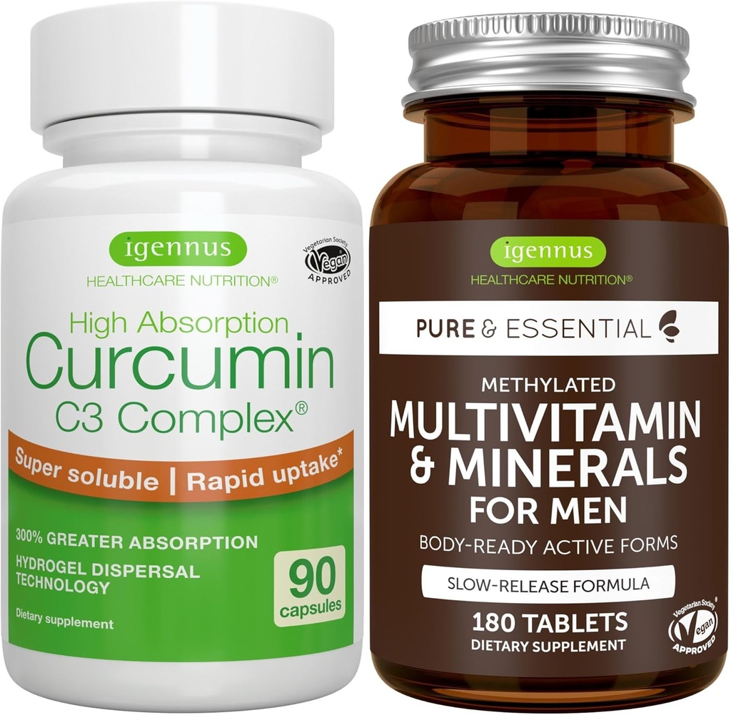 Multivitamine si Minerale pentru barbati + Complexul Curcumin C3, Vegan Bundle, Lansare sustinuta Multivitamine avansate + 300% Curcuminoide de absorbtie mai mare cu Uptake Rapid, de Igennus
