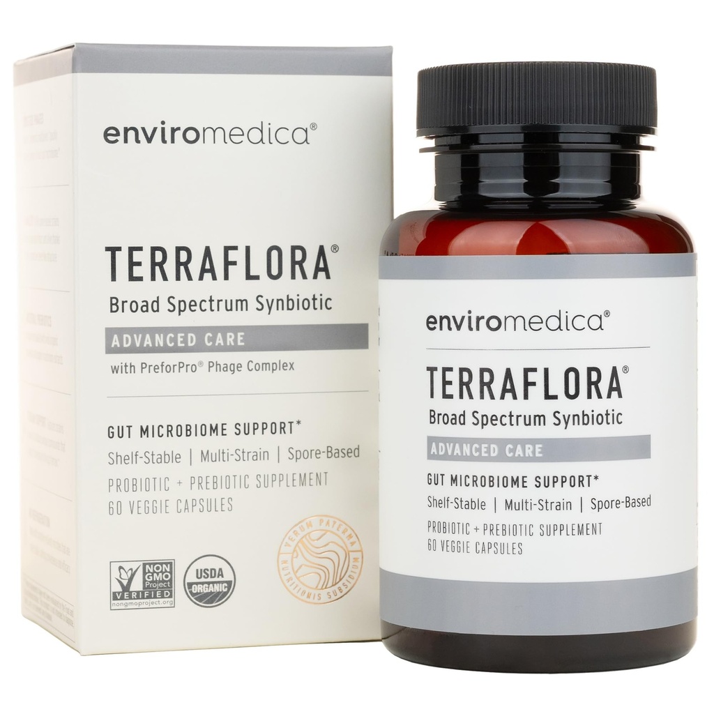 Terraflora Advanced Care Synbiotic - SBO Probiotic și Prebiotic, Digestive & Gut Health, Soil based Spore Pre și Probiotice pentru femei și bărbați cu Bacillus Coagulans, Subtilis, Vegan - 60 capsule
