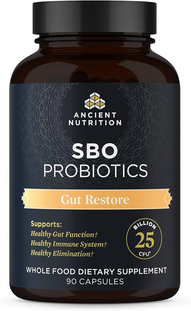 Probiotice nutriţionale antice, SBO Probiotice Restaurare Gut 90 Ct, Promovează sănătate curajoasă, Digestive şi Suport Immun, Gluten gratuit, Superfoods Blend, 25 Miliarde CFUs * Per Serving, 90 Capsule