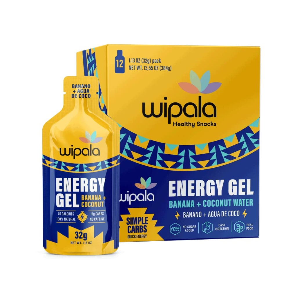 Wipala Energy Gel, Banana Coconut, 12 Pack - Cafeina gratuit, Certified Vegan, Non OMG-uri - Energie curata pentru exercitii de rezistenta, rulare si performanta