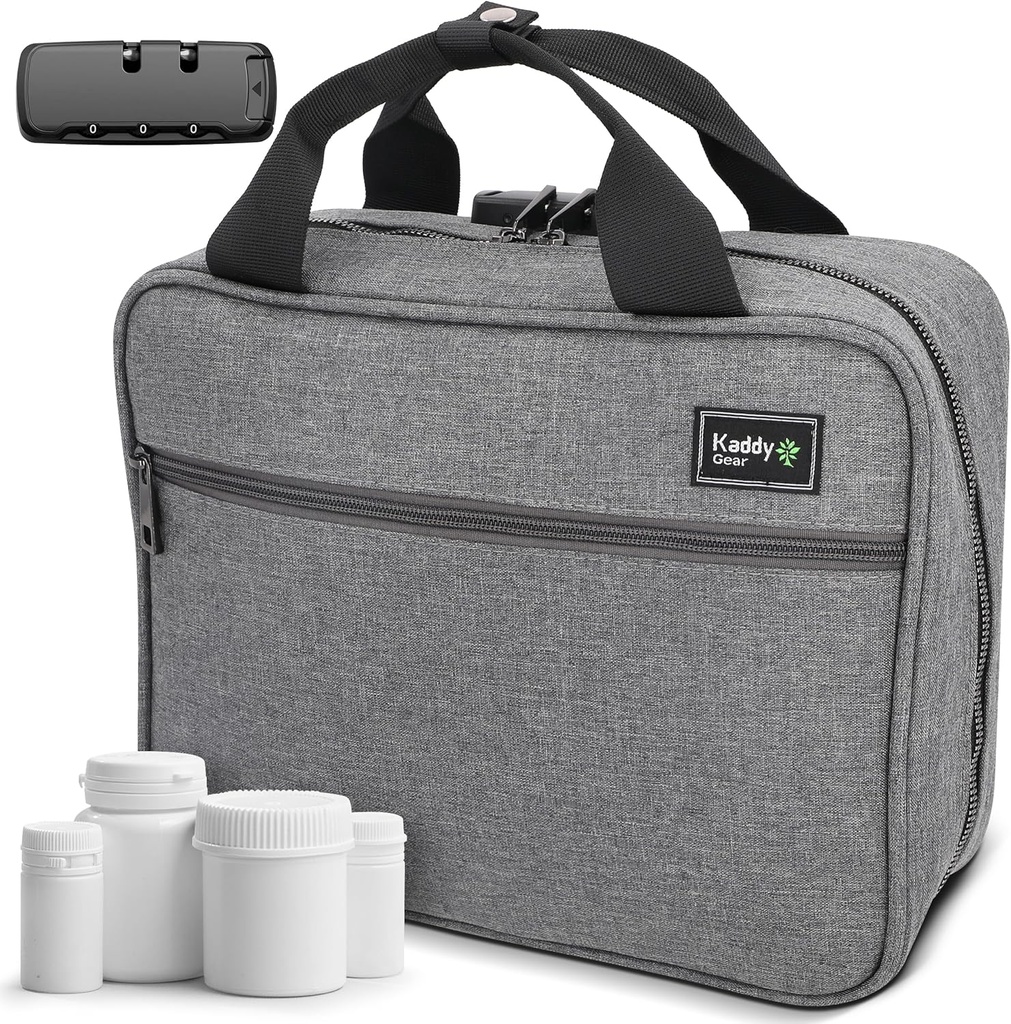 Kaddy mare sac de medicamente, securizate, căptușite, cutie organizator pastile, caz pentru sticle de medicamente sau suplimente; depozitare; toaletă; 3 Digit Lock, gri