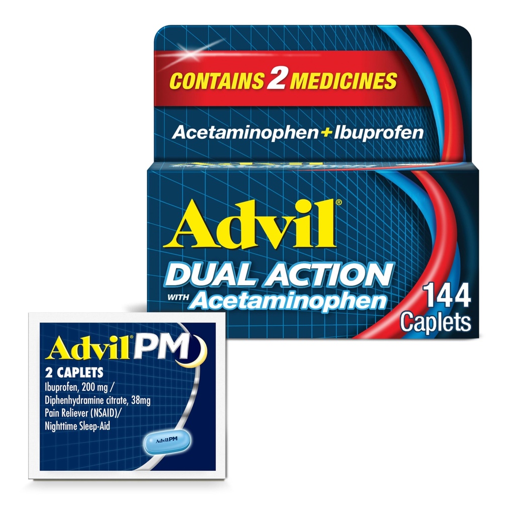 Advil Acţiune dublă cu Acetaminofen şi Ibuprofen (2 doză echivalentă) Pentru 8 ore de calmare a durerii, acoperit 144 Ct Caplete şi 2 Ct. Proba de Advil PM