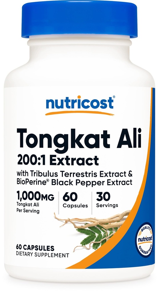Nutricost Tongkat Ali 1000mg 60 capsule - cu Tribulus Terrestris şi BioPerine, Caps vegetariane, non-GMO, gluten liber, extract potent