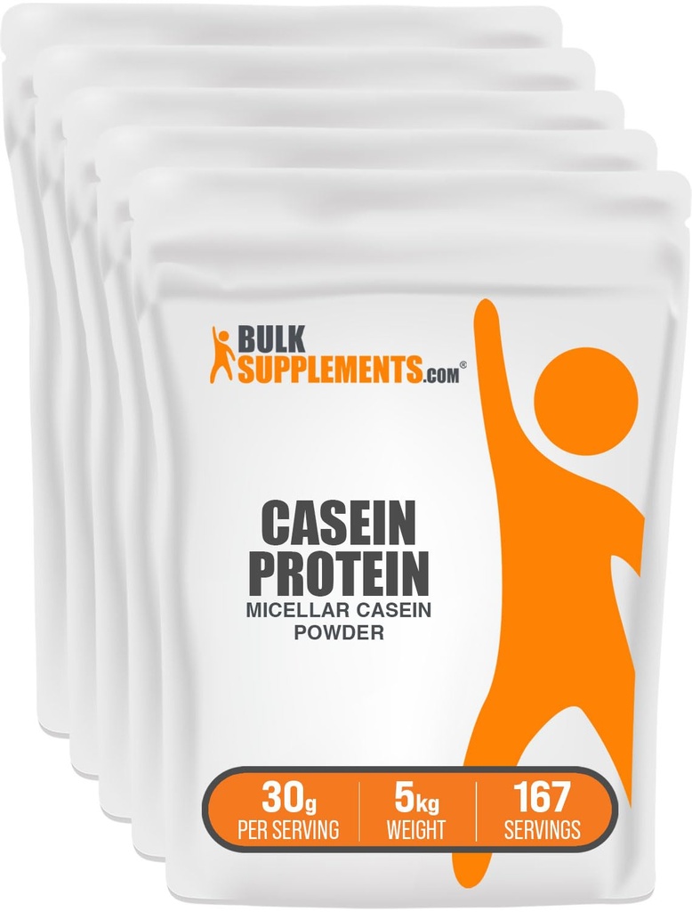 BulkSupplements.com Pudră de proteine cazeină - Micellar Casein Powder, Proteină slow digesting - fără aromă și gluten, 30g per Serving, 1kg (2,2 lbs) (Pachet de 5)