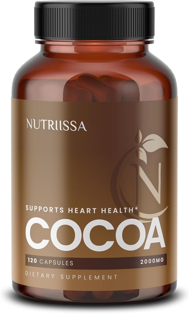 Nutriissa capsule de cacao 2000mg - Advanced Heart Health, Nitrogen oxid și suport circulatie - 500mg cacao Flavanols per Serving - EPEB Certified for purity & Potency - Vegan, 120 capsule, 40 Servings