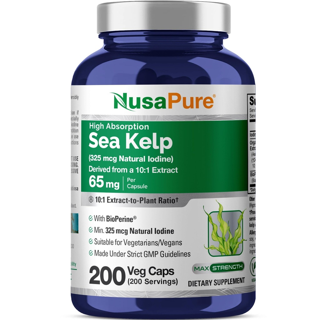 NusaPure Sea Kelp Iod natural 325mcg 10:1 Extract, 65 mg echivalent cu capsulele 650 mg 200 Count (non-GMO, Vegan)