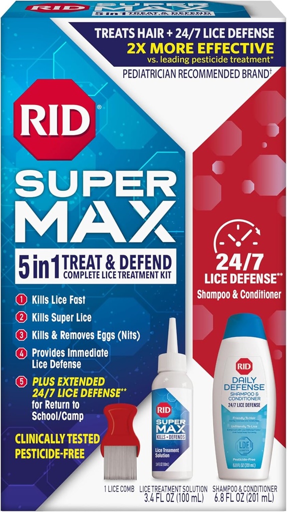 RID Super Max Linice Kit de tratament, ucide Liceu & Super Licee & Ouă + 24/7 Defense păduchi, Pesticide gratuit, 3.4 FL OZ Soluţie + 6.8 FL OZ Daily Defense Sampon & Balsam + Nit Remoping Comb