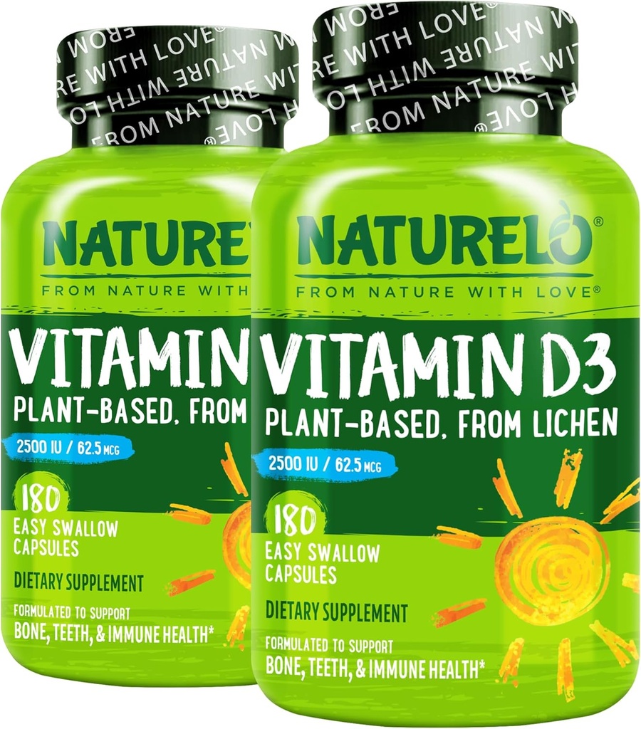 NATURO Vitamina D - 2500 UI - Planta pe baza de Lichen - Supliment natural D3 pentru sistemul imunitar, suport osos, sănătate comună - Vegan - non-GMO - gluten gratuit - 180 capsule (Pachet de 2)
