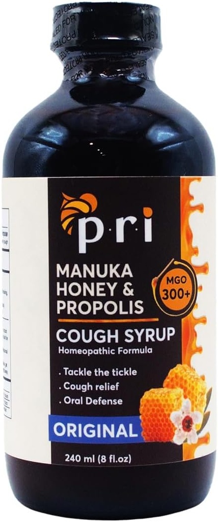 P.R.I Natural Dry Cough Syrup cu Manuka Honey, Propolis, Ceai Tree Oil and Vitamin C - Sore Throat & Immune Support, Original Flavor, 8oz