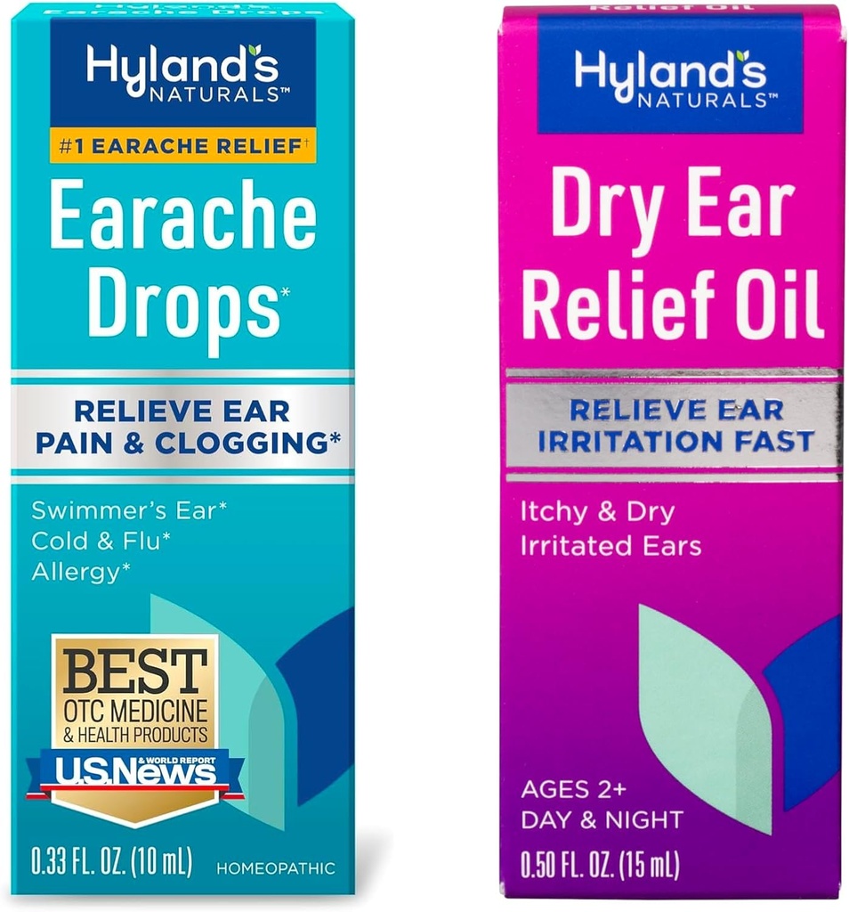 Bundle of Hyland's Earache drops 0.33 Fl Oz and Dry Uresh Relief Oil, Relieve Ureche Iritation Rapid, for Itchy and Dry Iritated Ears, Ages 2 and up, Day and Night Drops, 0.5 Ounce