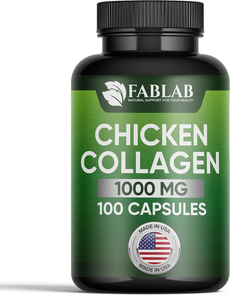 FabLab Chicken Colagen Tip II Supliment - Supliment nutritional pentru suport comun, nervos si osos - non-GMO, produs alimentar anti-îmbătrânire cu Peptide hidrolizate- 100 capsule