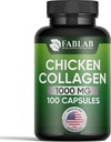 FabLab Chicken Colagen Tip II Supliment - Supliment nutritional pentru suport comun, nervos si osos - non-GMO, produs alimentar anti-îmbătrânire cu Peptide hidrolizate- 100 capsule