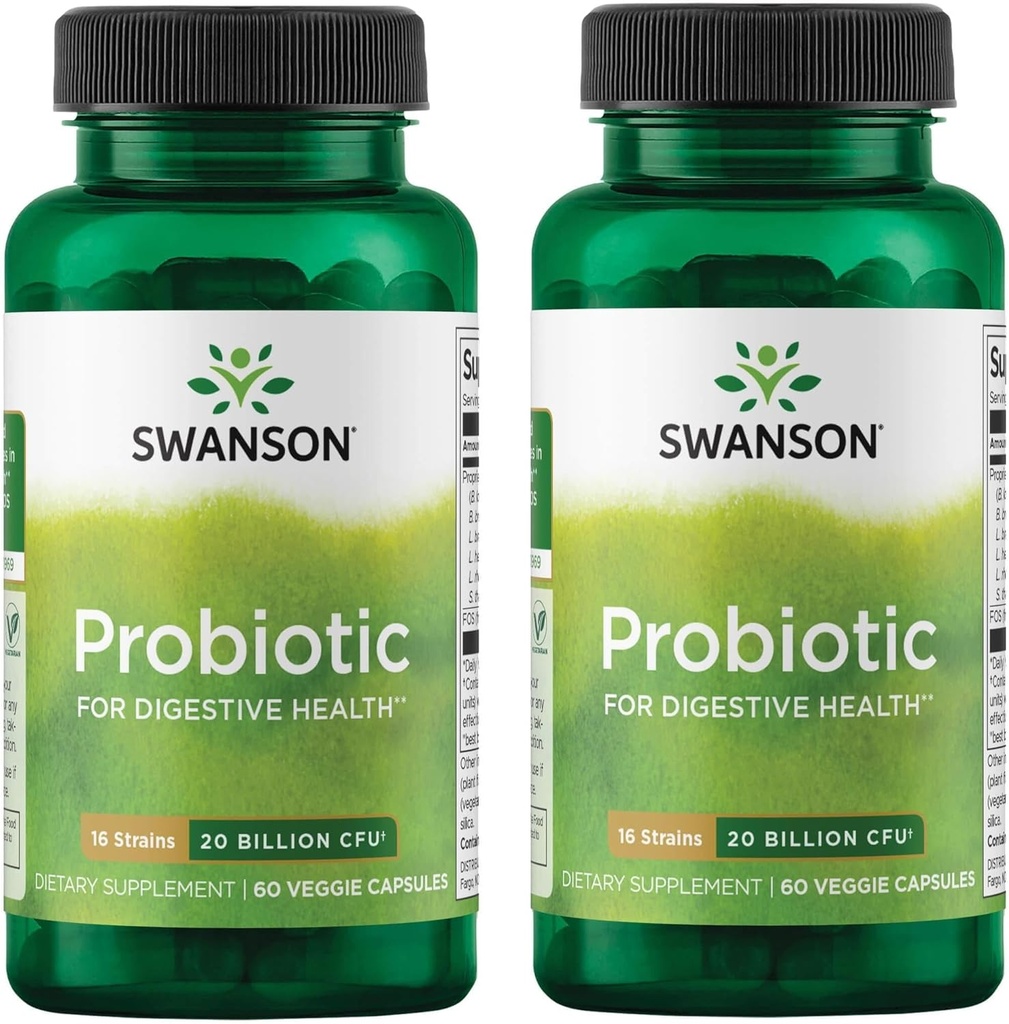 Swanson Probiotic pentru Digestive Health GI Tract Immune Support Travelers Suport 20 Miliarde CFU cu prebiotic FOS 60 Veggie Capsule (Caps) (2 ambalaj)