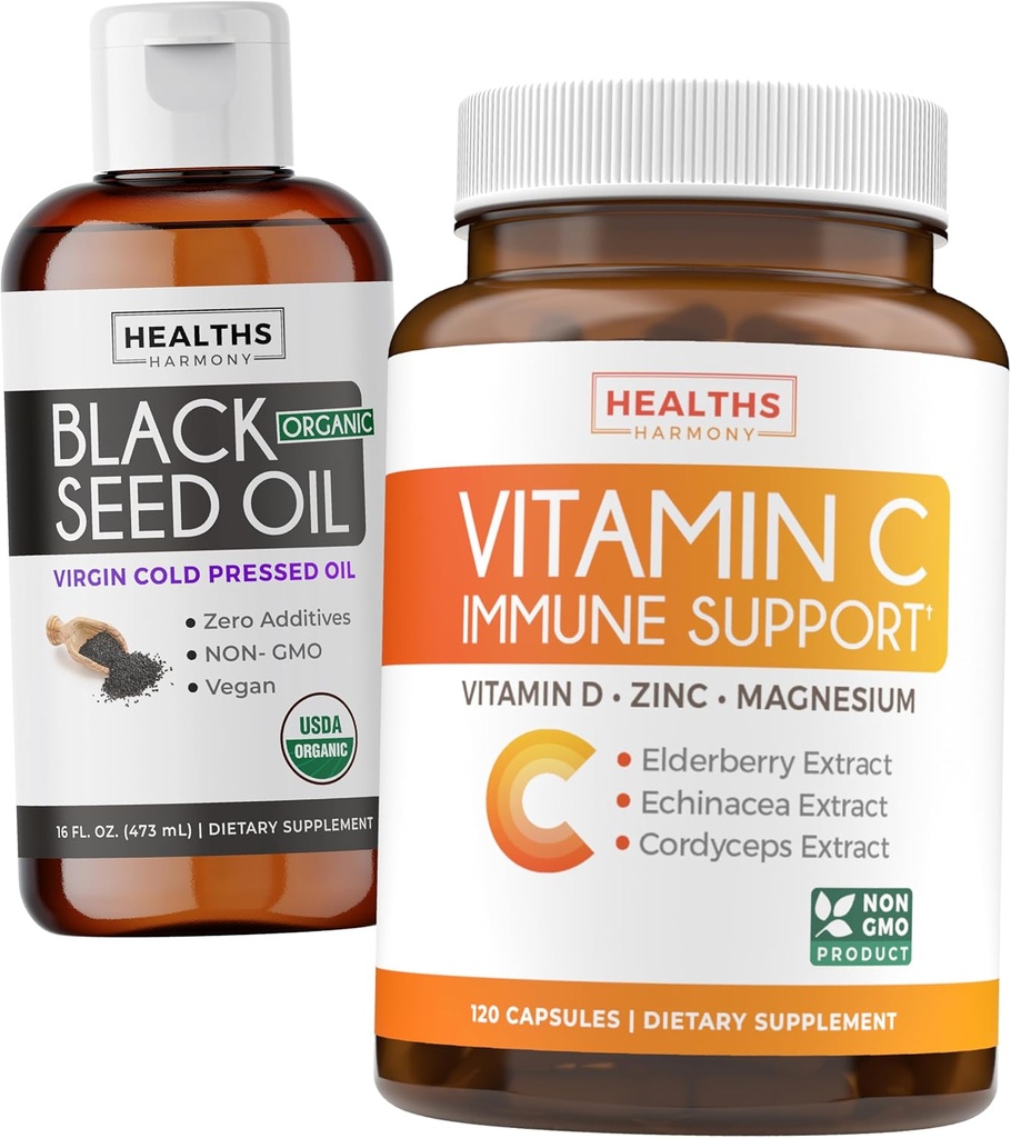 Black Seed Oil Liquid & Immune Support (2-Month Supply) Immune Maximiser Bundle - Black Seed Seed Oil Liquid (16fl.oz) Premium Cold-Pressed Clack Cumin Seed Oil & Vitamin C Immune Support (120 Veg Caps)