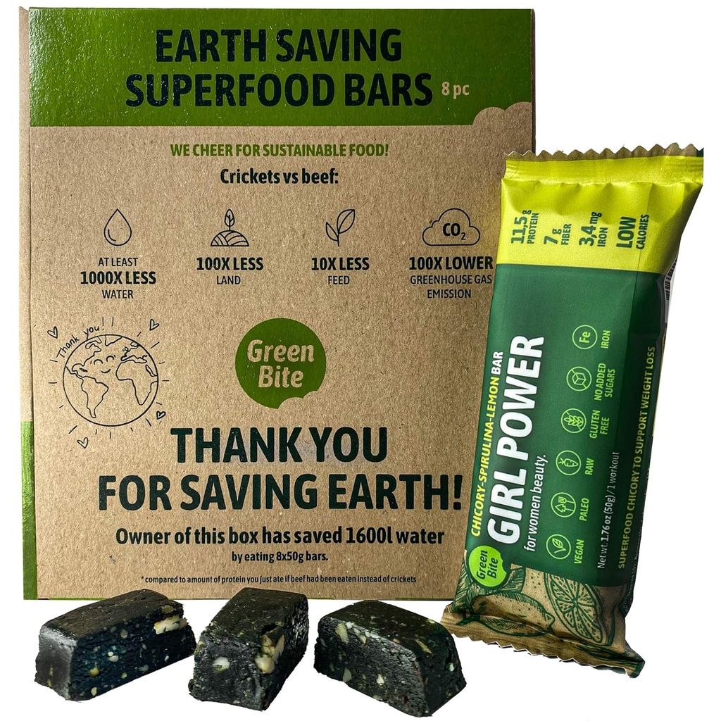 Girl Power Proteine Baruri mici Calorie Proteină ridicată, Baruri de schimb de masă pentru cel mai bun Figure, Snack-uri de proteine Vegan, Baruri de proteine de fier-Rich, Fără zahăr, Cicoare Spirulina Lemon Aroma, Pachet de 8 - Green Bite