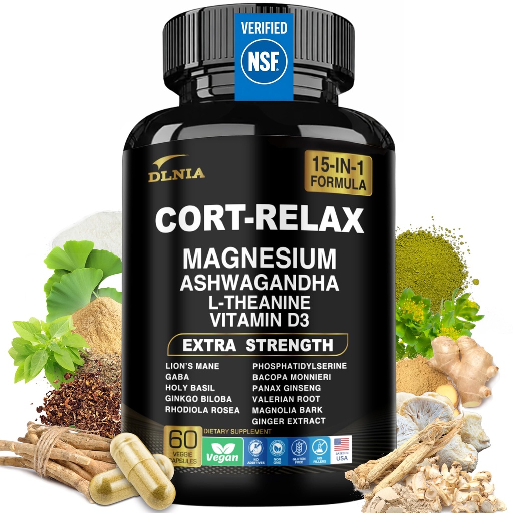 Super Calm Cortizol Supliment cu Magneziu Glycinate, Ashwagandha KSM-66, L-Teanină, Fosfatidilserină, Ginkgo Biloba & Lions Mane pentru calm, Focus, Claritate mintală, Relaxare, Somn, Energie