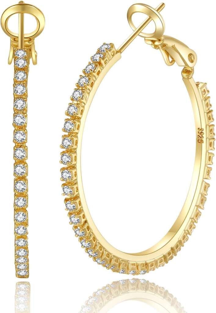 PABBEU 2mm 925 Cercei de argint Sterling cercei mari Sterling Silver Hoop cercei pentru femei cercei mare stras Hoop cercei Thin Hypoallergenic Zirconia Cercei pentru femei 30/40/50606070mm