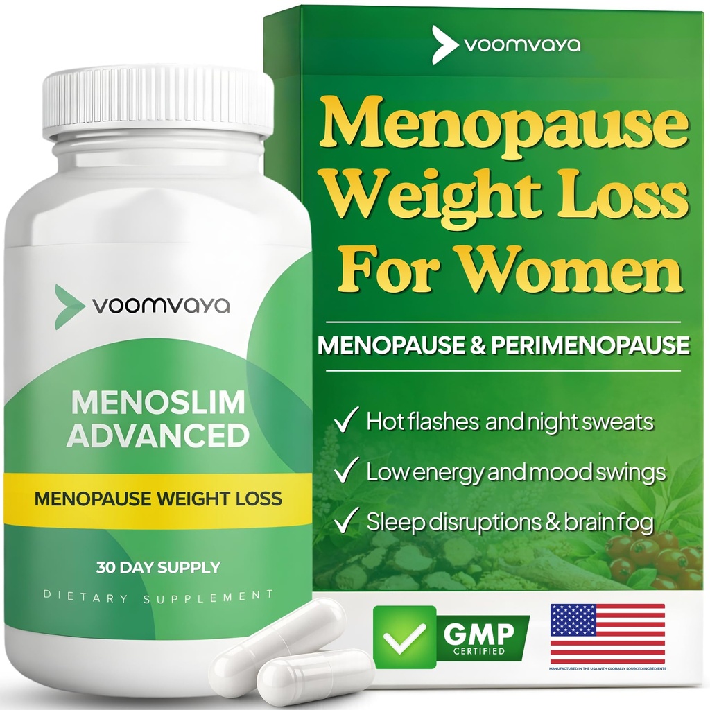 VoomVaya MenoSlim Avansat Menopauza Pierderea in greutate pentru femei - Menopauza & Perimenopauza Suplimente pentru femei - Supliment estrogen & Menopauza Ajutor pentru Flashuri fierbinti, Blooting, Energie - 60 Capsule