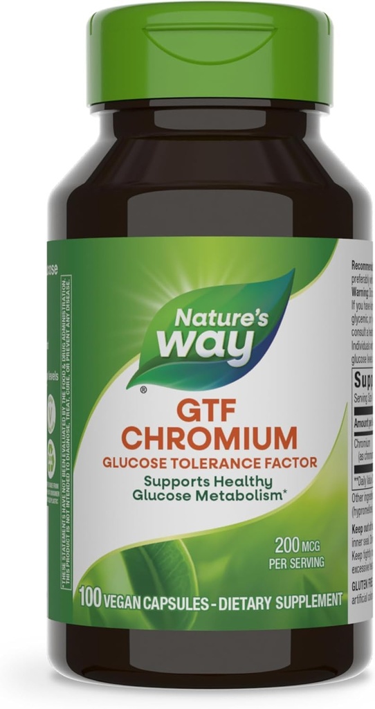 Natura's Way GTF Crom, Glucoză Toleranță Factor, Suportă Glucoză sănătoasă Metabolism*, 200 mcg Crom per Serving, 100 Capsule Vegane (Packing May Vary)