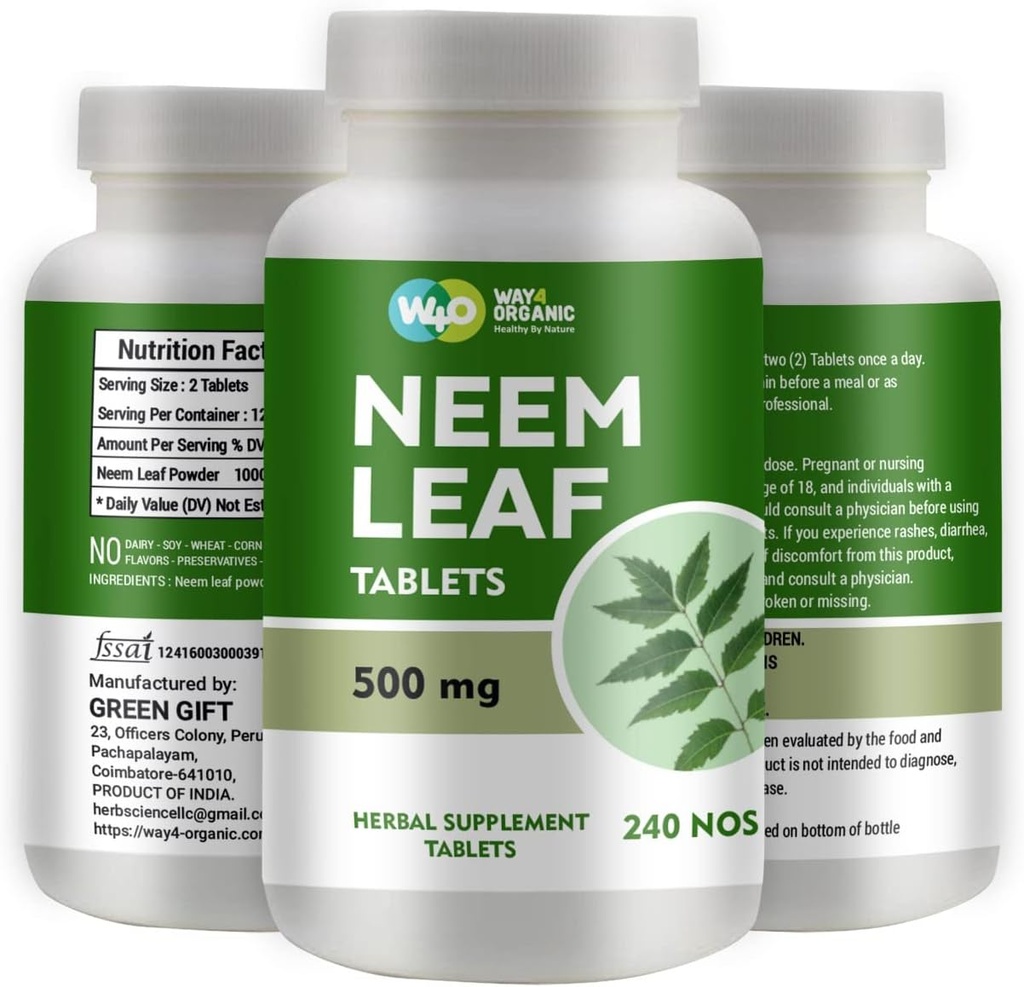 Neem comprimate - 100% Pure (Azadirahta Indica) (240 Număr - 500 mg) 120 zile Aprovizionare (1 ambalaj)