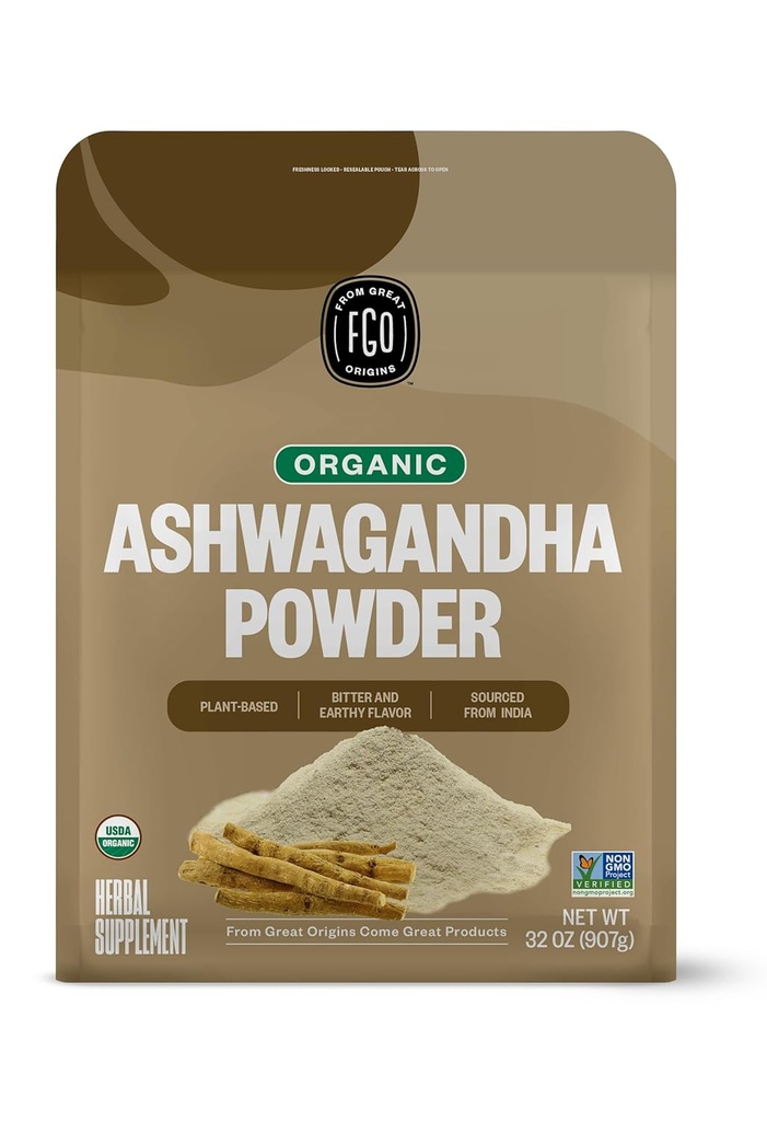 FGO Organic Ashwagandha Root Powder, 32 oz sac de vrac recuperabil, non-GMO, Indian Ginseng, Withania Somnifera, Sursat din India (Pachetul de 1)