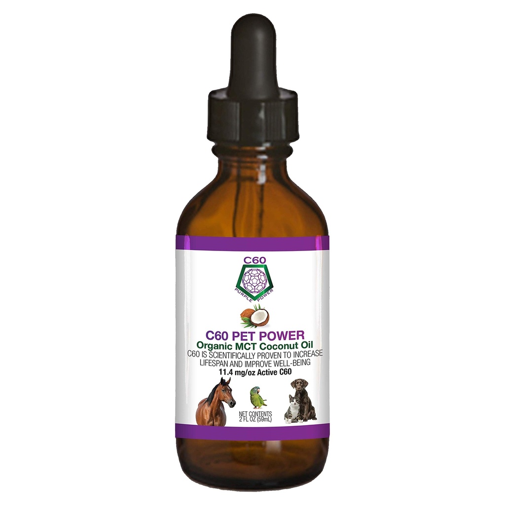 C60 Putere pentru animale de companie - C60 în MCT Organic Ulei de cocos, Suport Wellness Natural pentru câini și pisici, Pure Carbon Fullerenes, Promoveaza imbatranire sanatoasa, Energie, & Mobilitate - 2 fl oz Sticla