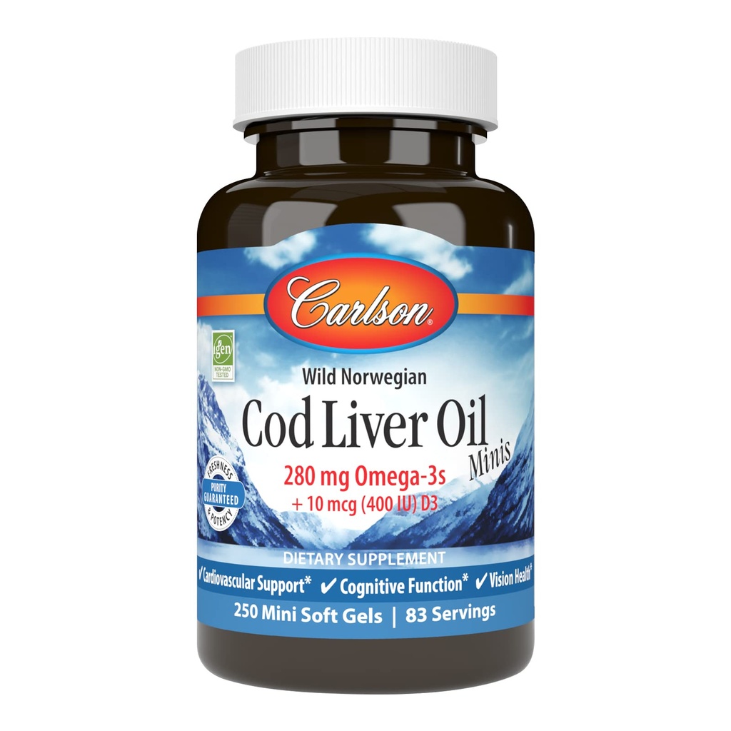 Carlson - Cod Ulei de ficat Minis, 280 mg Omega-3s + Vitamine A & D3, Suport cardiac & Funcția cognitivă, Vision Health, 250 Mini Gels Soft