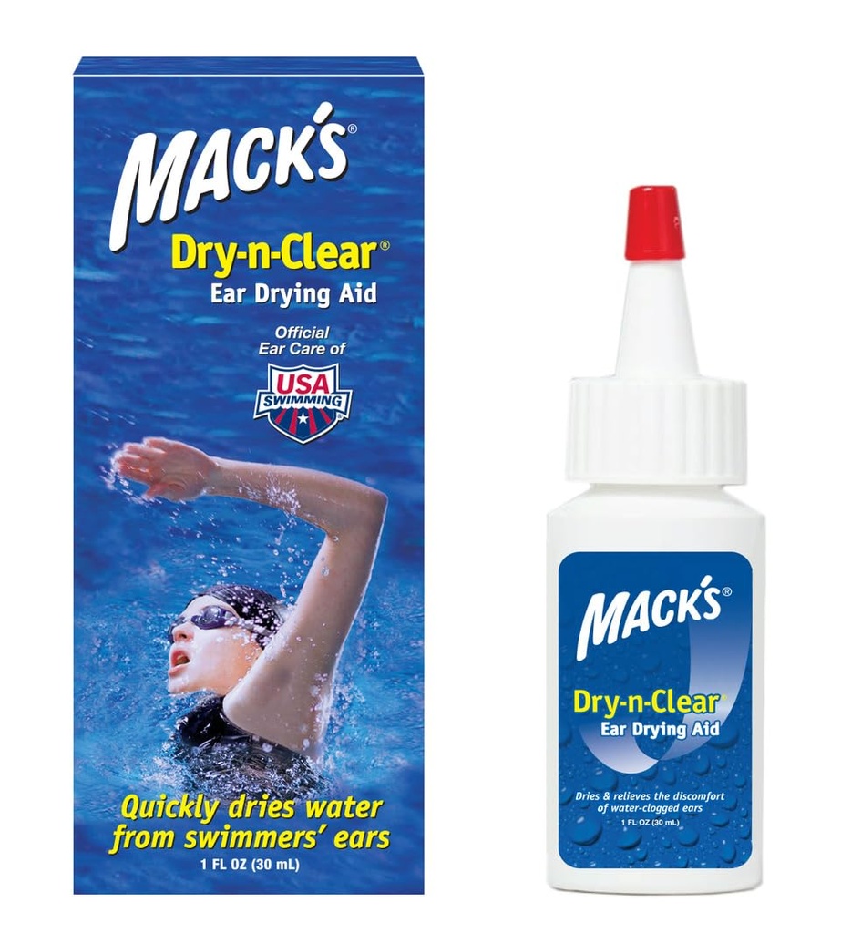 Ajutor pentru uscarea urechii Mack-n-Clear® - inotatoare picaturi ureche pentru urechi infundate de apa dupa inot, dus, scuba scufundări si surfing - 1 Fl Oz