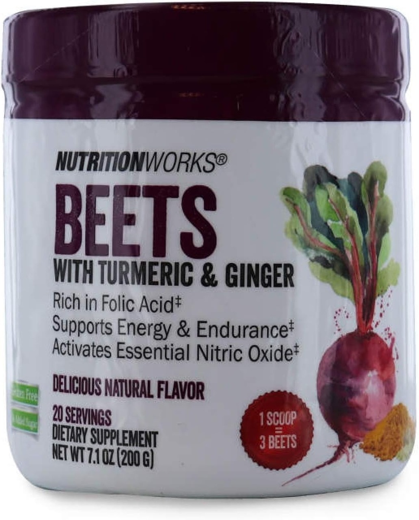 Nutrition Works Beets with Turmeric & Ginger. Fără gluten, fără zahăr adăugat. Susţine energia şi rezistenţa. Supliment alimentar. 20 Servings 7.1 oz