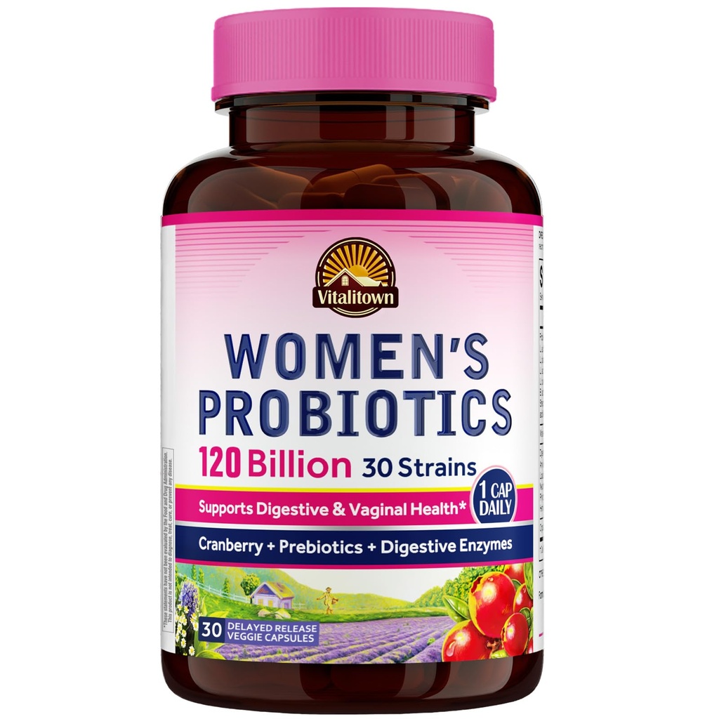 Probiotice Vitalitown pentru femei 120 miliarde CFU, 30 de tulpini, cu prebiotice și enzime digestive & Cranberry, Gut & Vaginal Health, Vegan 30 Capace de lansare întârziate