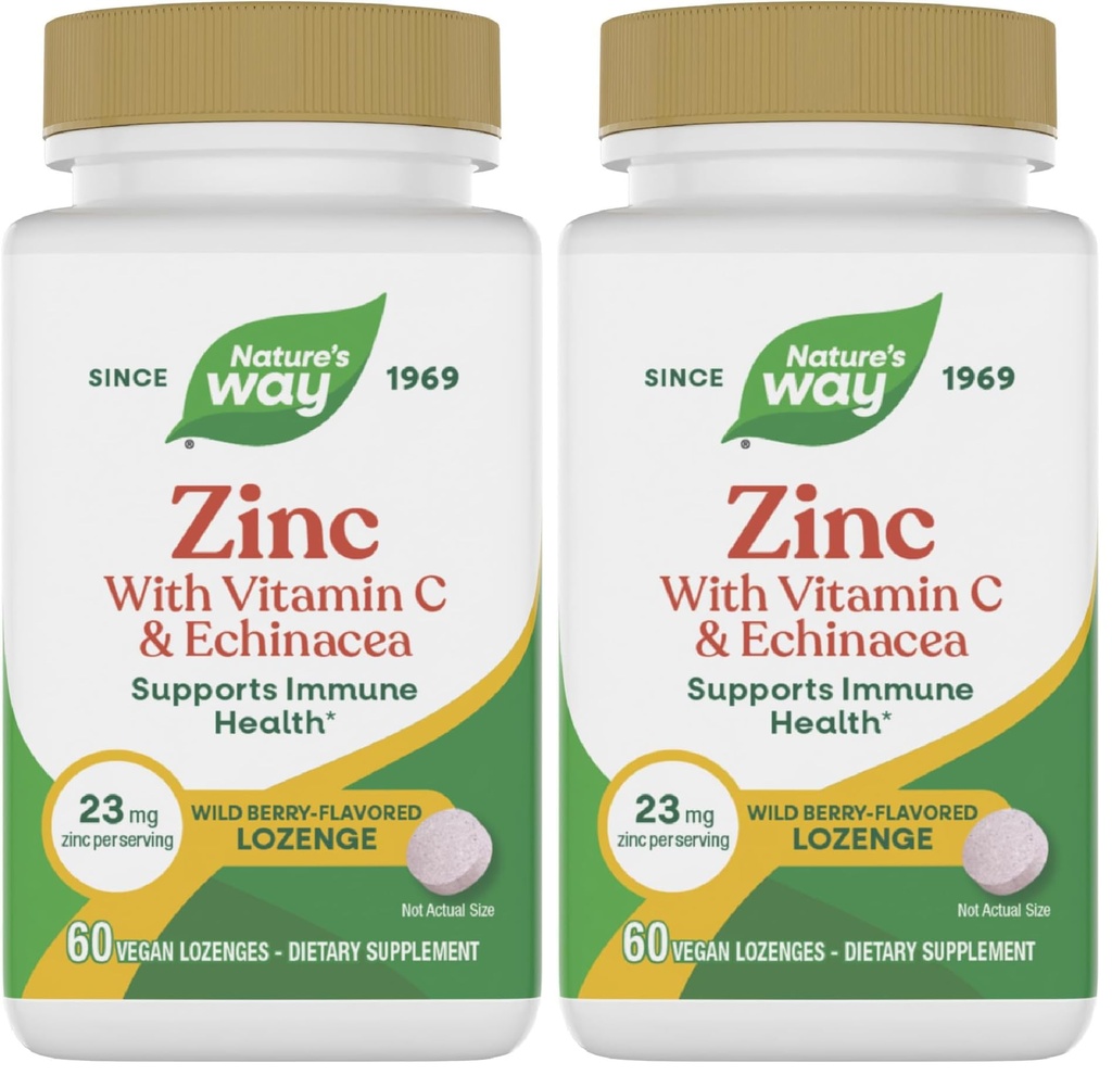 Natura's Way Zinc Lozenges with Vitamina C & Echinacea, Immune Support*, Wild Berry Flavored, 60 Lozenges (Pachet de 2)