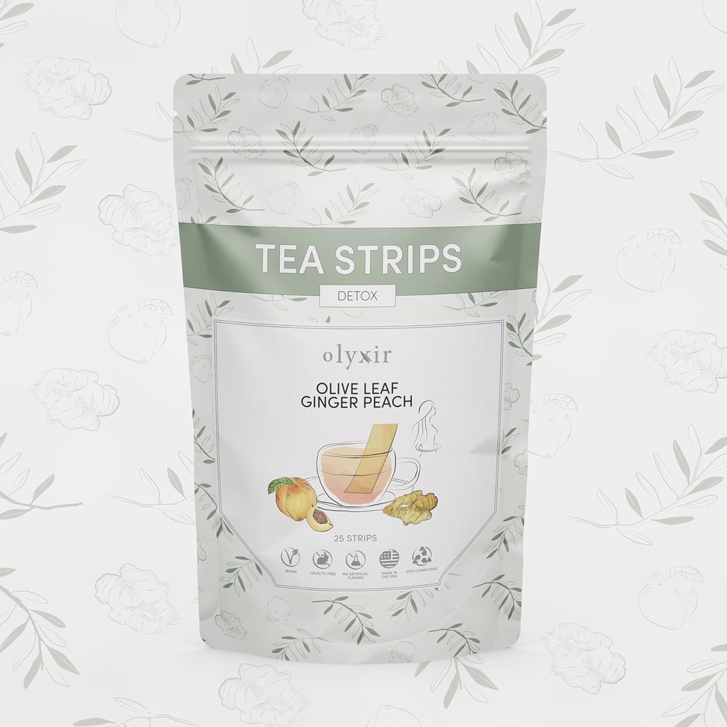 Olyxir Detoxifier Tea Strips - Frunză naturală de măsline, Aromă de ghimbir, şi piersici - Instant, Energizant, Organic, Paleo, Vegan, Non-GMO 25 Ct