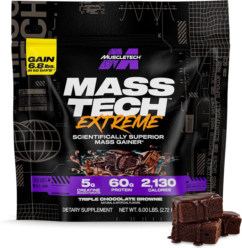Muscletech High-Protein Mass Gainer (Triple Chocolate Brownie, 6LB) - Mass Tech Extreme 2000 Mass Gainer Proteine Powder Supliment - Greutate Gainer pentru creșterea mușchilor, îmbunătățit de recuperare și rezistență