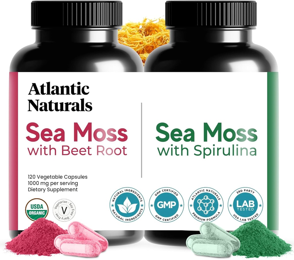 Atlantic Naturals Sea Moss Superfood Bundle - Sea Moss with Beet Root & Spirulina Capsules - Defense Support, Blood Flow, Joint Health & Iron - 240 Capsule (2 x 120 ct)