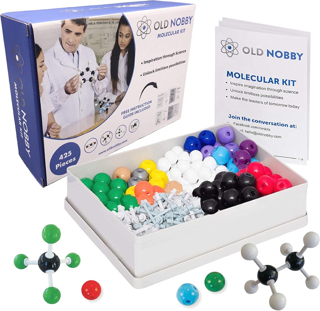 Old Nobby Organic Chemistry Set (425 pc) Molecular Model Kit cu Atoms, Bonds, Ghid, Bond Remove Tool - STEM Science Kits pentru copii Jucării Chimie Set pentru studenți Profesori tineri oameni de știință