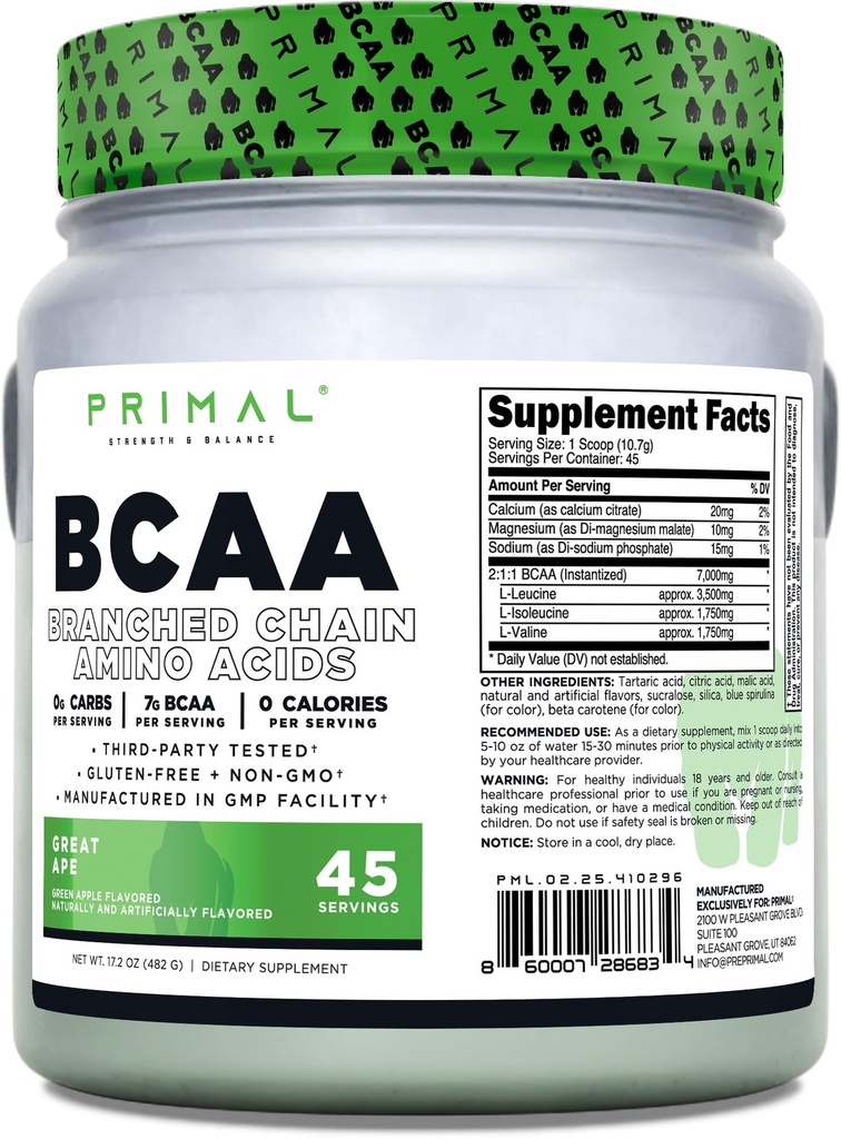 Primal BCAA Powder Great Ape (45 SERV) (verde aroma de mere) - 0 g carbohidrati, 0 Calorii, 7g BCAA Per Serving