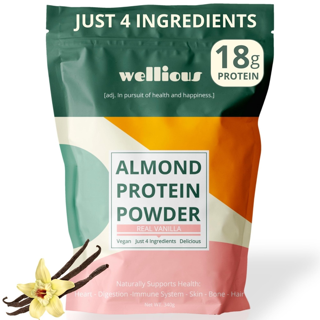 wellious Almond Proteine Powder (Vanilla) - 18 Grams de proteine pure Vegan sanatoase pentru femei si barbati - perfect gluten-free, Soy-free si smooth Proteina pulbere pentru nutritie sportiva