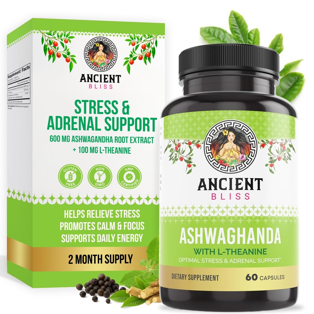 Ancient Bliss Ashwagandha cu L-Theanine & Black Pepper Extract capsule, energie și naturale Mood Supplement suport, Focus Supliment pentru adulți