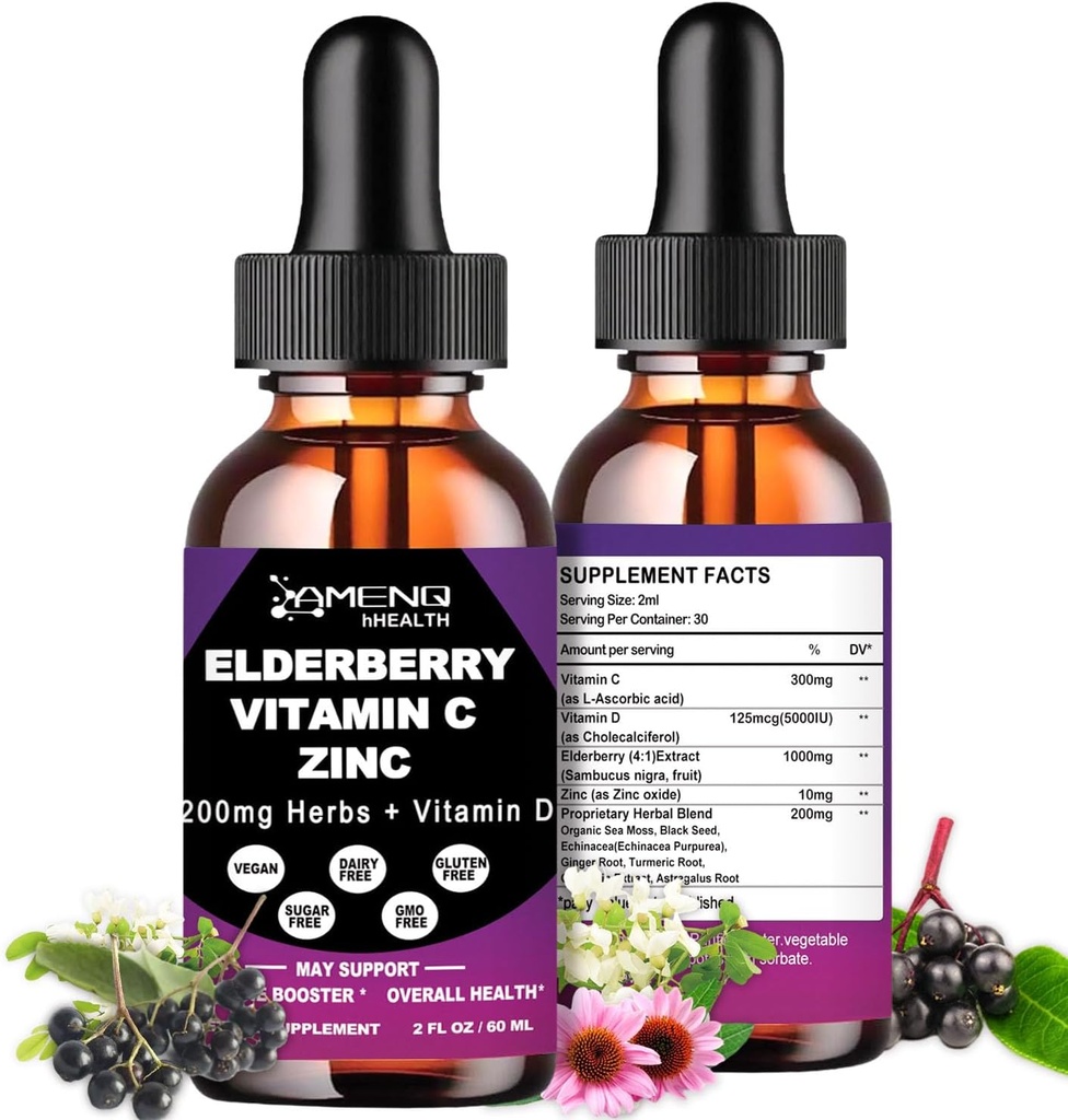 Sirop organic de afine, picături de lichid Vitamina de afine C şi zinc pentru adulţi, 11- in- 1 Sambucus Black Elderberry Tincture w/ Vitamina D3, Sea Moss Black Seed, Suplimentul de suport imun pentru afine