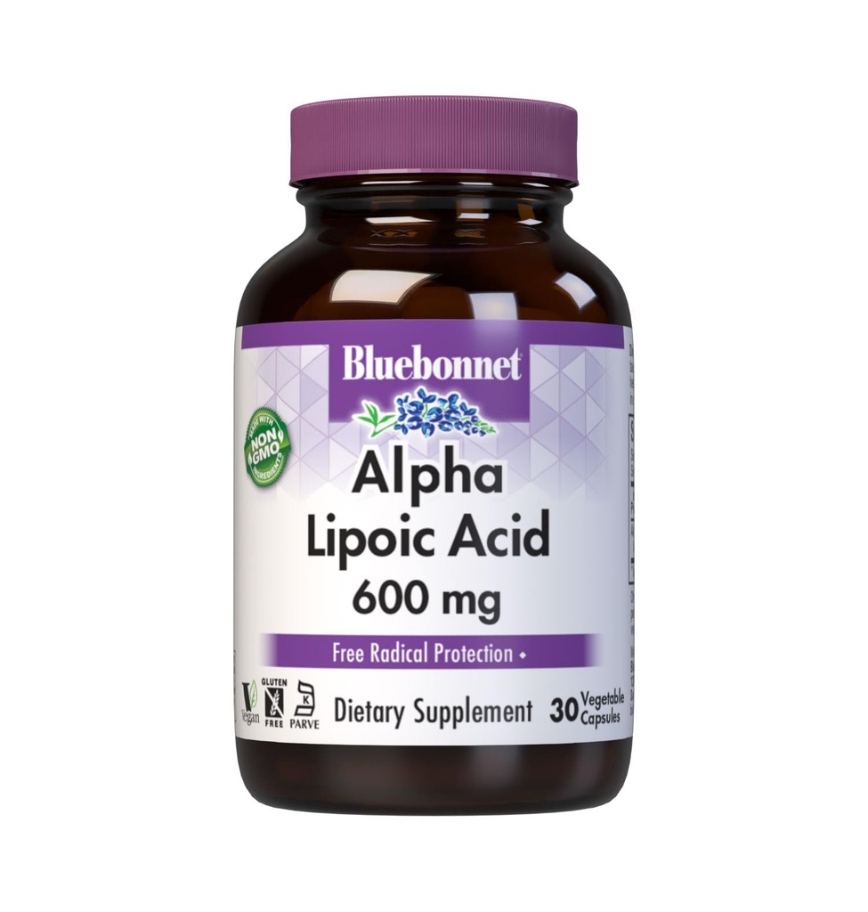 BlueBonnet Alpha Acid lipoic 600mg - puternic antioxidant supliment de suport pentru femei și bărbați - non-GMO, Vegan, Kosher - Gluten-Free, Soy-Free, Dairy-Free - 60 capsule vegetale