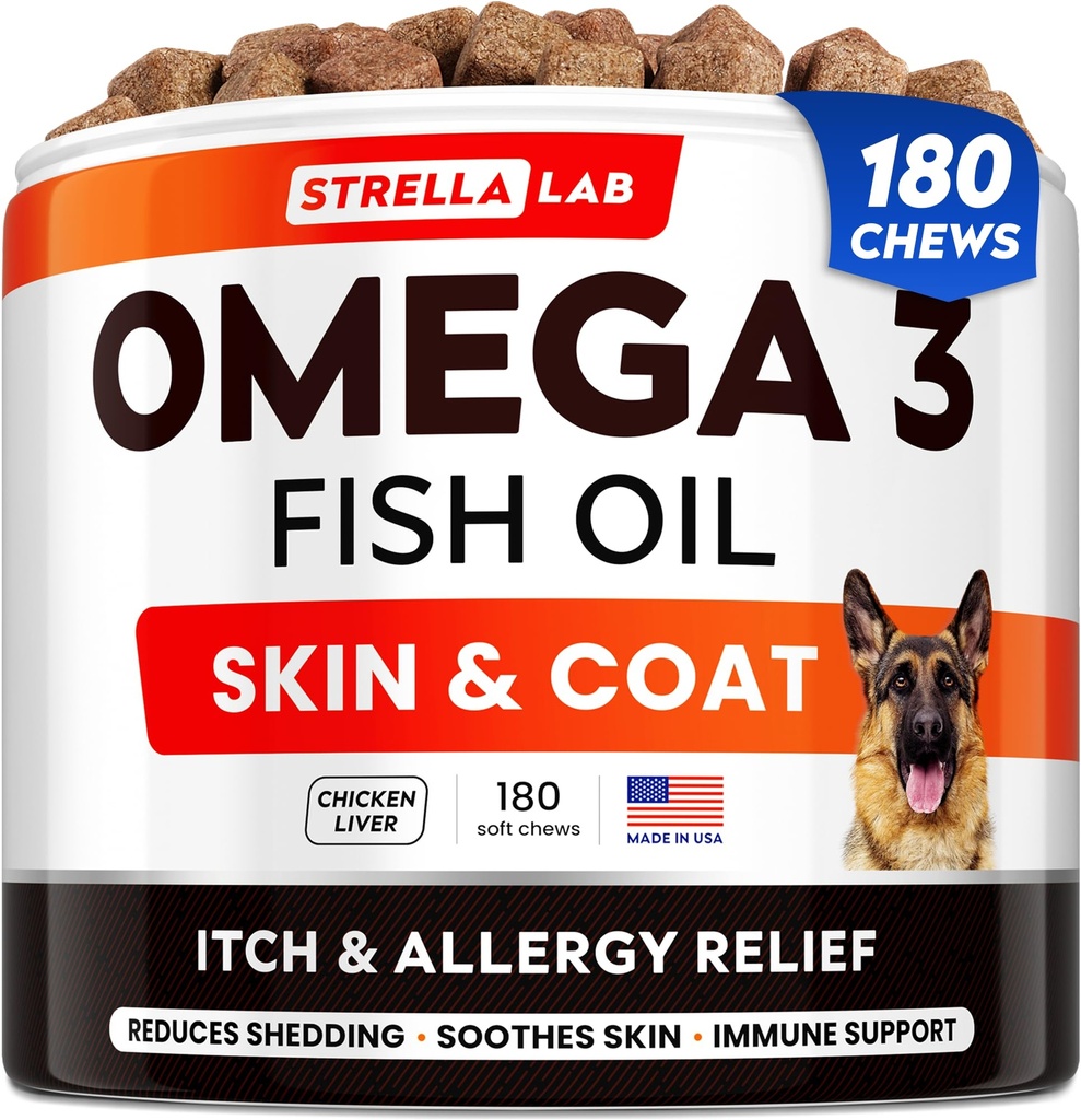 StrellaLab ulei de pește Omega 3 tratează pentru câini (180 tratează) - Alergie & Mâncărime ajutor - Skin & Coat Supliment - Sănătate comună - Ulei de somon sălbatic Alaska - vărsare, mancarimi de piele relief - Omega 3 6 9 - EPA&DHA