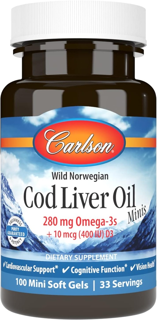 Carlson - Cod Ulei de ficat Minis, 280 mg Omega-3s + Vitamine A și D3, Norvegian, Wild Caught, Sustainable Sourced, 100 Mini Softgels