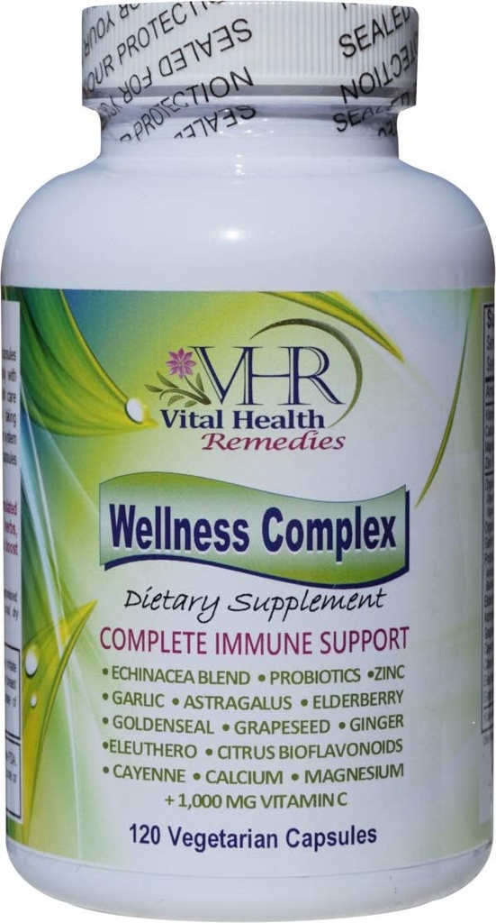 VHR Wellness Complex Immune Boosting Formula cu echinacea, Goldenseal, Usturoi, Probiotice, Elderberry, Astragalus, Seminte de struguri, Cayenne, Bioflavonoids, Eleuthero, Ginger, VIT. C, Zinc. 120 Veg capse