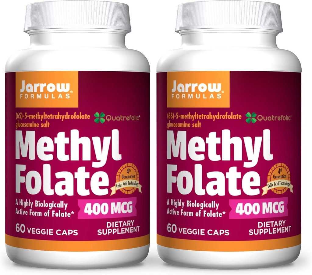 Jarrow Formulas Metil Folate 400 mcg - 60 Veggie Caps, Pachet de 2 - Forma extrem de biologic activ de Folat - Generaţia a 4-a Acid folic Tehnologie - 120 Total Servings