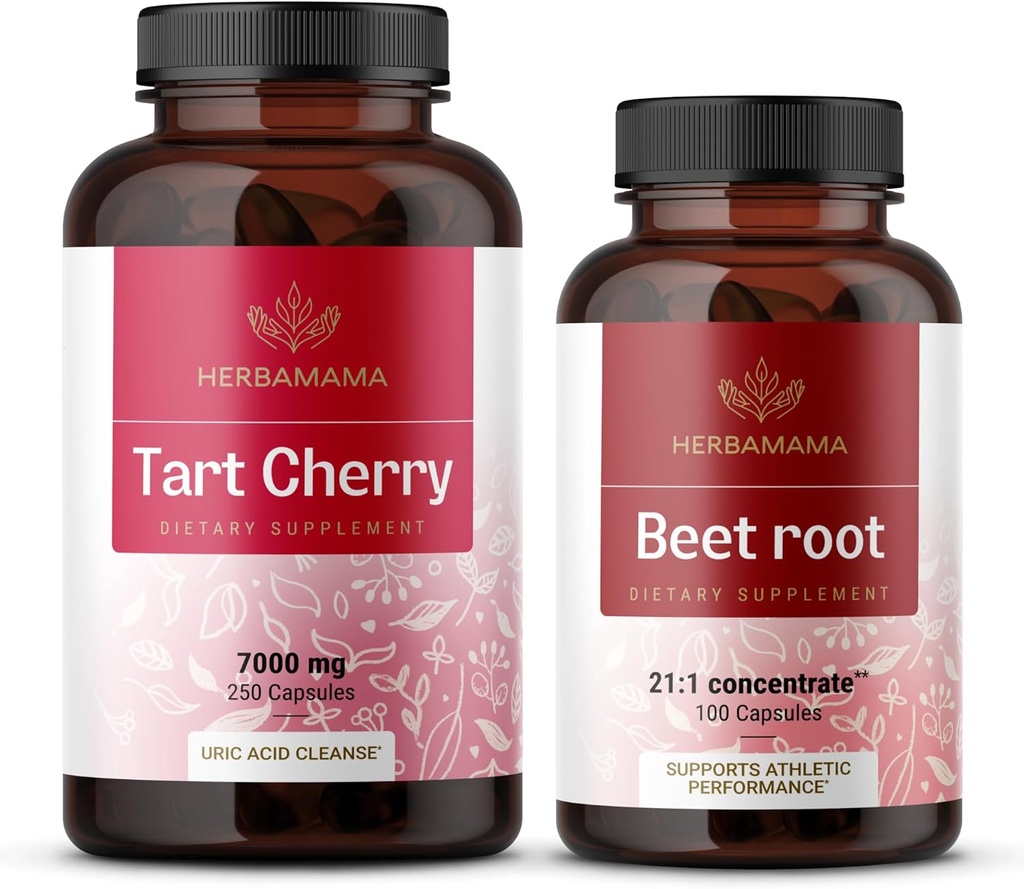 HerBAMAMA Tart Cherry and Beet Root Kit - Bundle of 7000 mg Tart Cherry & 21:1 Concentrez Beet Root Capsules - Vegan, Non-GMO, Gelatină-Free - 2 Pack