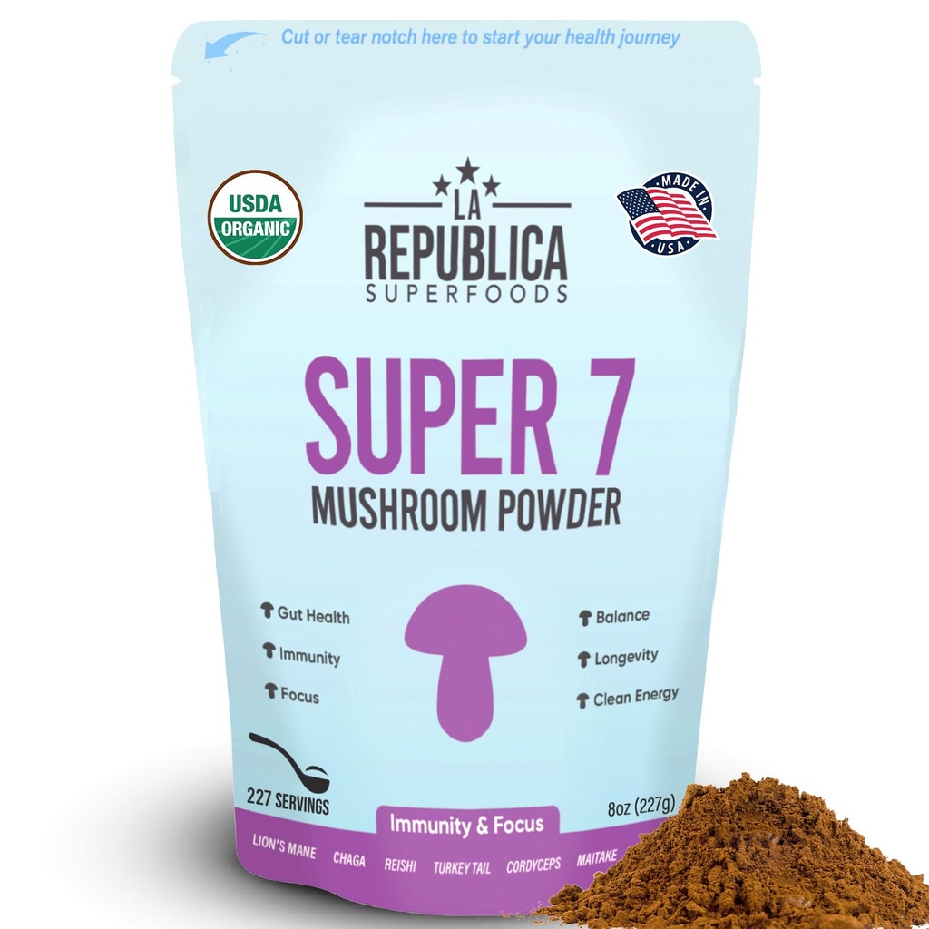La Republica Superfood Super 7 Mushroom Extract pulbere, Include Lion's Mane, Reishi, Chaga, Cordyceps, Shiitake, Maitake, și Turcia Coada (8 oz)