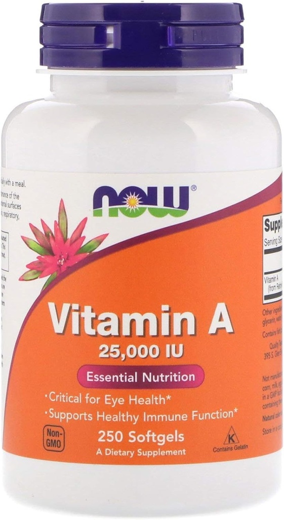 Vitamina A din ulei de ficat de pește, 25000UI, 250 Sgels de Now Foods (Pachet de 6)